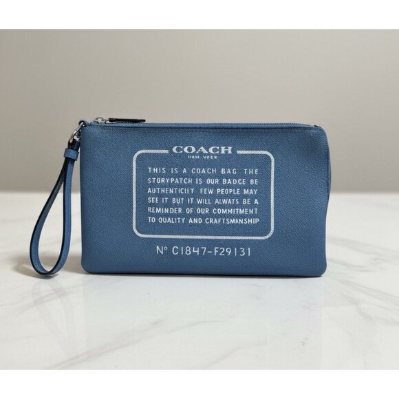 Coach Blue Leather Story Patch Wristlet Pouch Wallet Clutch Unisex Travel Party - Picture 1 of 9